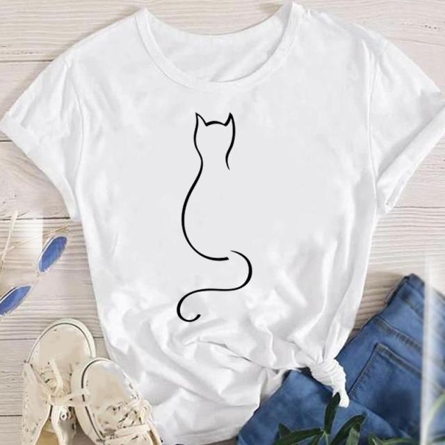 youzhao Women White with Printed Cats T-Shirt