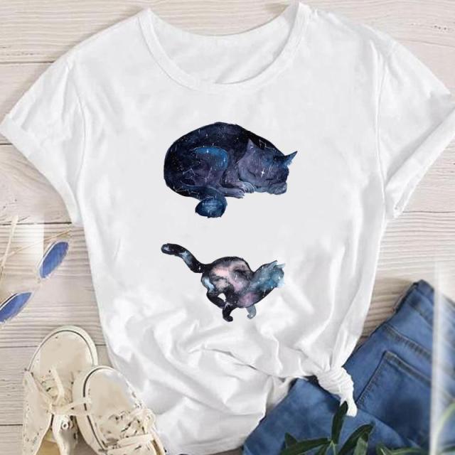 youzhao Women White with Printed Cats T-Shirt