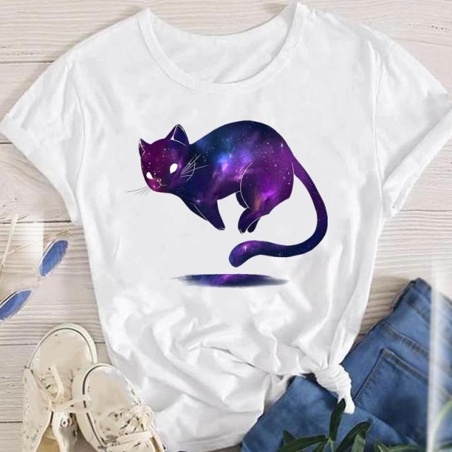 youzhao Women White with Printed Cats T-Shirt