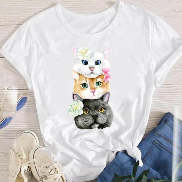 youzhao Women White with Printed Cats T-Shirt