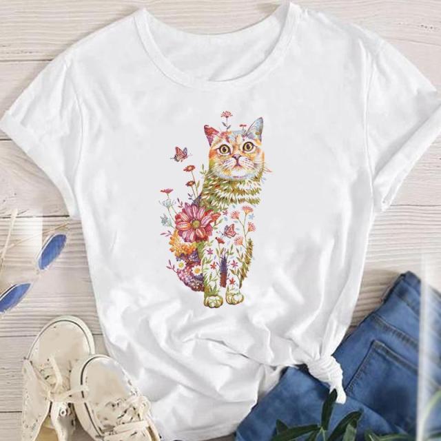 youzhao Women White with Printed Cats T-Shirt