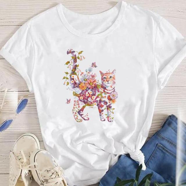 youzhao Women White with Printed Cats T-Shirt