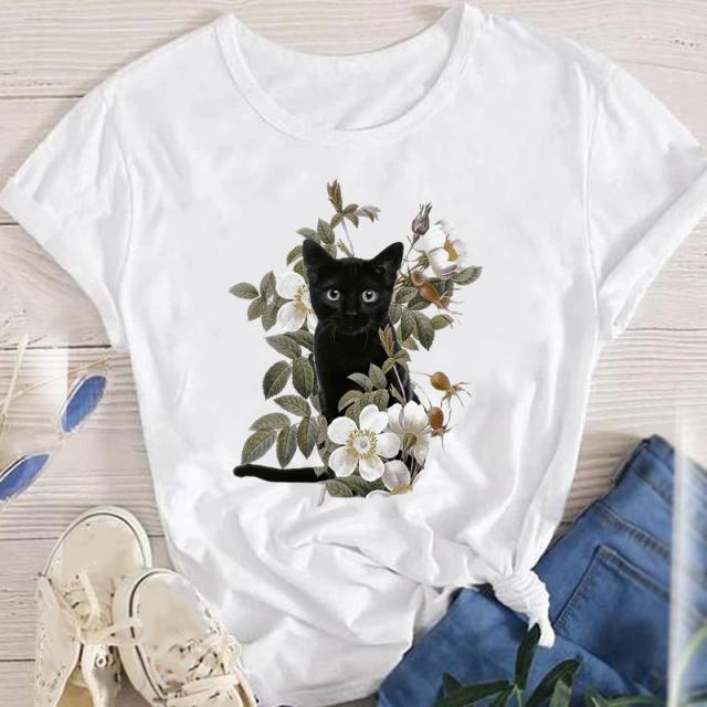 youzhao Women White with Printed Cats T-Shirt