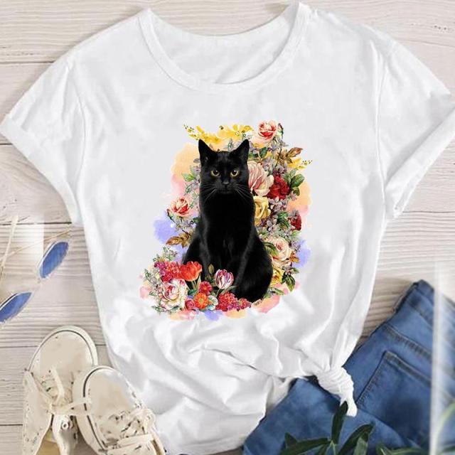 youzhao Women White with Printed Cats T-Shirt