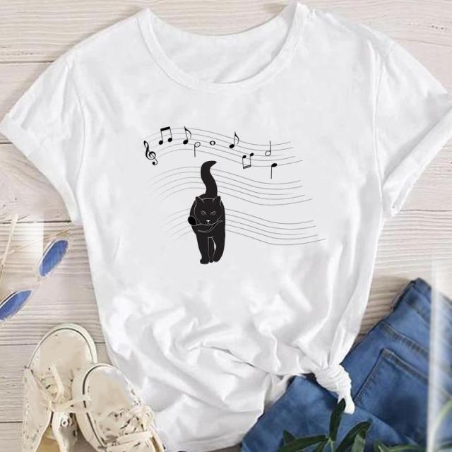 youzhao Women White with Printed Cats T-Shirt