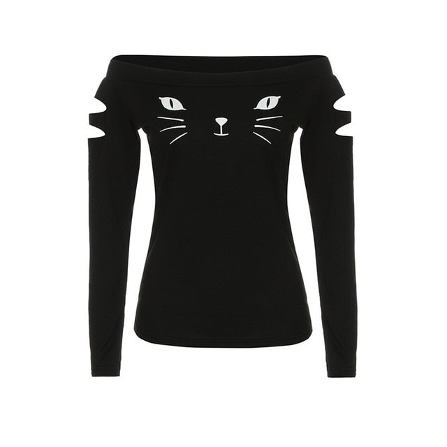 Off Shoulder Cat Print Shirts - squishbeans