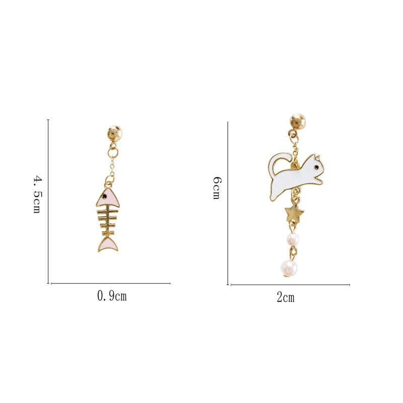 Cat & fish bone asymmetrical earrings - squishbeans